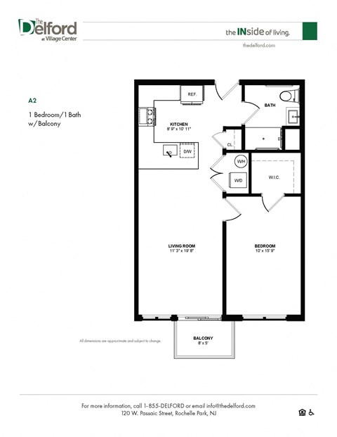 Floor plan for 1 bed, 1 bath, 713 sqft